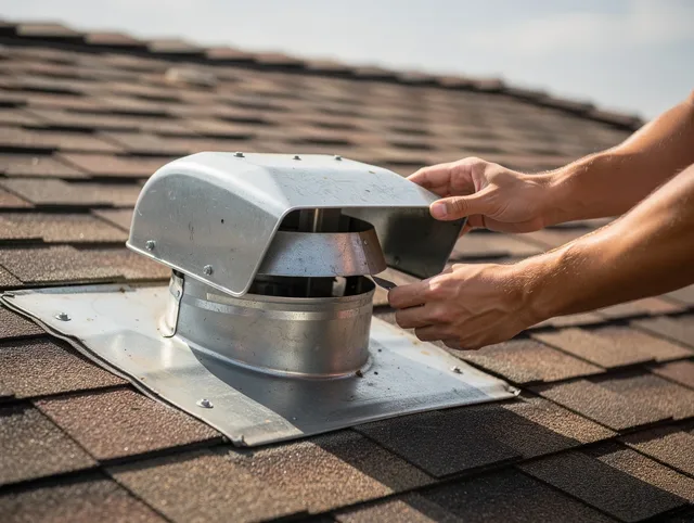 Stallings Dryer Vent Cleaning certified technician safely cleaning a roof-mounted dryer vent in Stallings