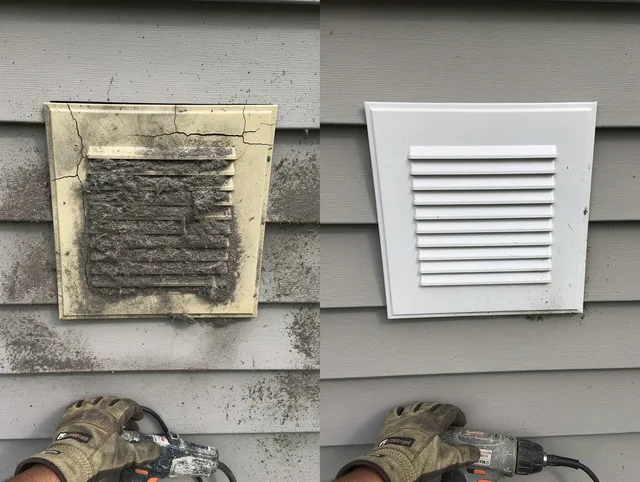 Stallings Dryer Vent Cleaning technician installing high-quality dryer vent cover at a residential property in Stallings