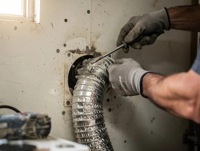 Stallings Dryer Vent Cleaning technician performing precise dryer vent hose installation in Stallings